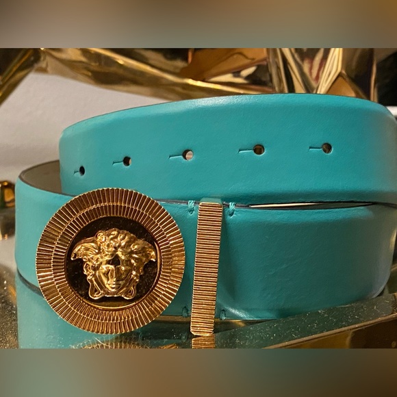 Versace Accessories - Versace Gold Medusa logo belt in green color